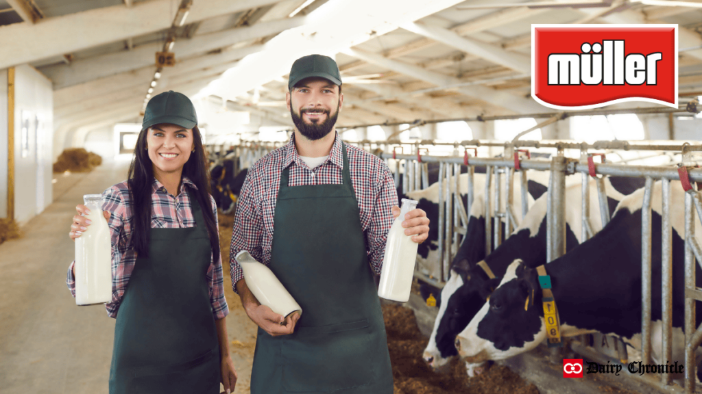 A man and woman holding bottles of milk in their hands, with a barn full of dairy cattle in the background and the logo of Müller Dairy