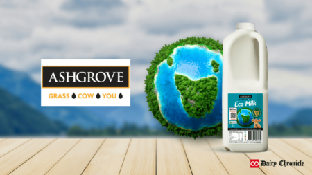 Ashgrove Eco-Milk bottle with the Ashgrove logo, set against a background of green and blue Earth