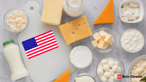 Various milk products like cheese, butter, and yogurt, alongside the United States flag.