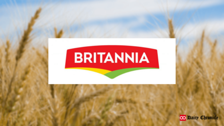 Logo of Britannia brand with a blurred background of a wheat farm