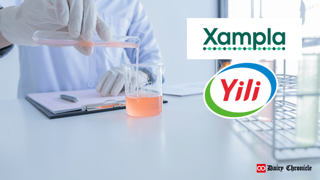 Logos of Yili and Xampla with a research lab background, where a man is conducting tests