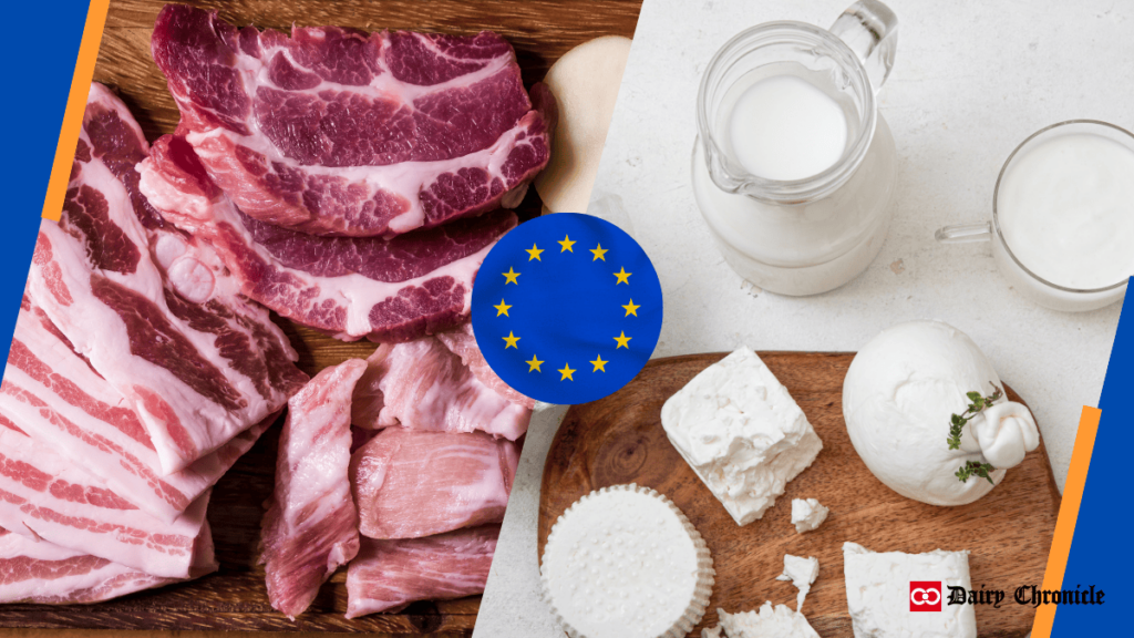 Half of the image shows pictures of meat, the other half displays dairy products like milk, paneer, and butter, with the European flag in the middle.