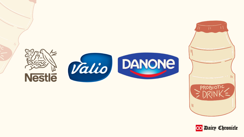 Logos of Danone, Nestlé, and Valio brands placed beside a probiotic drink bottle, highlighting the Probiotic Supplements Market.