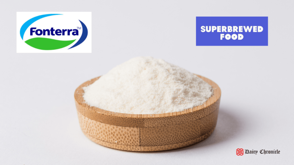 Logo of Fonterra and Superbrewed Food brands with a bowl of Postbiotic Protein powder in between