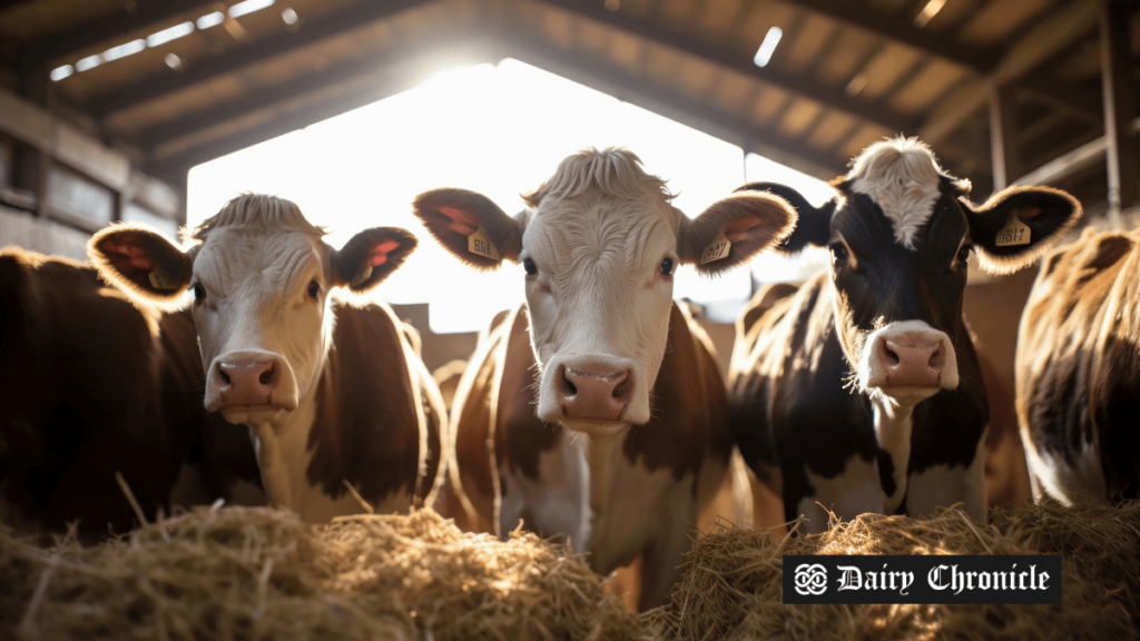 A group of calves in a barn, resting or playing together.