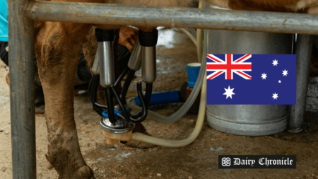 A robotic milking system displayed beside the flag of Australia