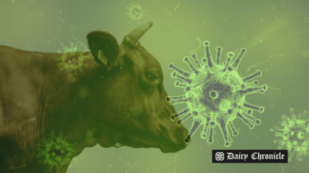 A virus structure displayed in the foreground with a cow standing in the background