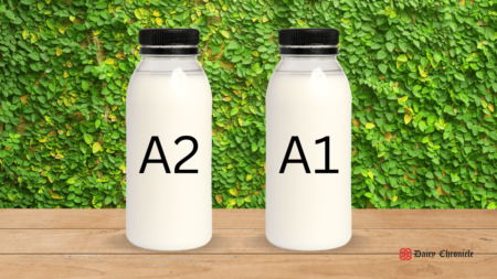 Two bottles of milk labeled with A1 and A2 milk