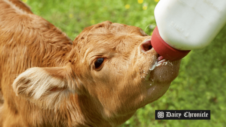 A human feeding a calf using a milk bottle