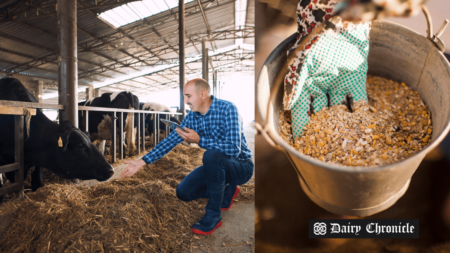 A group of cows in a barn with a man feeding one cow, beside a bucket full of feed