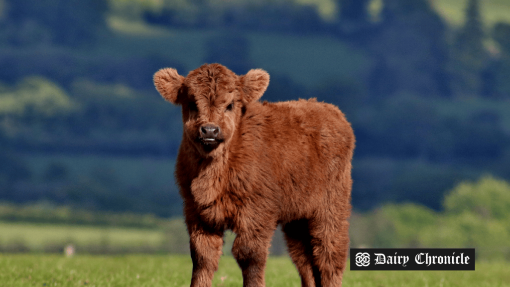 A young calf standing in a farm setting.