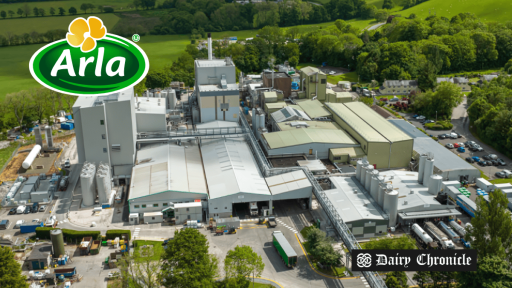 Dairy plant with the Arla Foods logo, highlighting the acquisition of Volac to strengthen whey market presence.