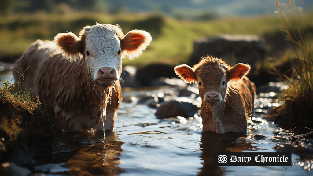 Two calves bathing in the water in a natural setting