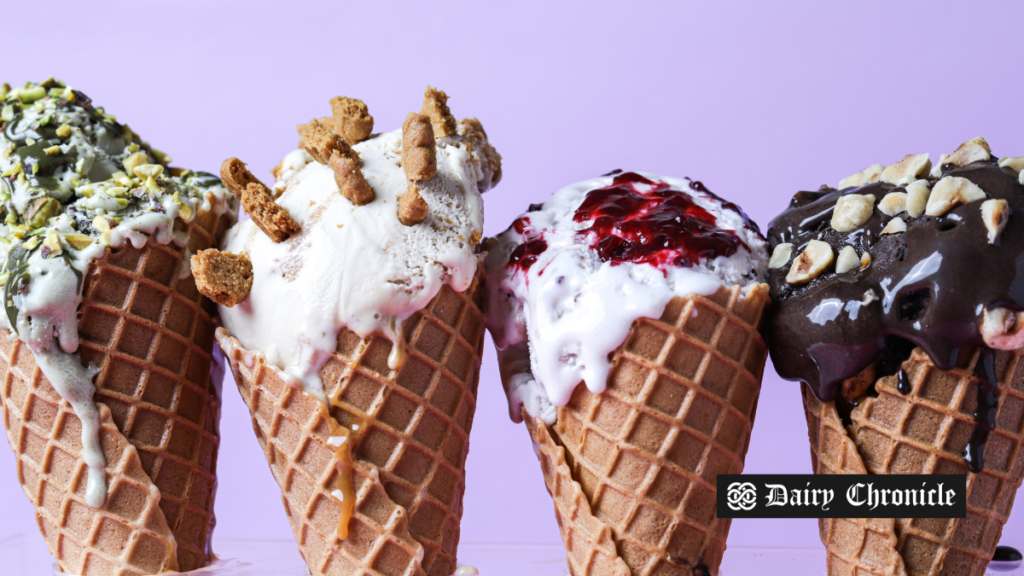 A variety of colorful ice cream cones with natural flavors, supporting Mullen's Dairy Bar's move to eliminate artificial dyes.