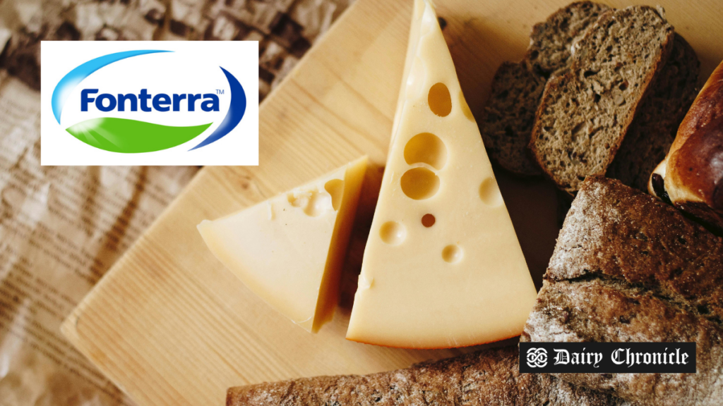 Fonterra logo next to a wheel of Parmesan cheese, highlighting the legal victory over labeling in Singapore.