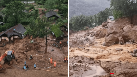 Two different landscape images depicting the aftermath of landslides in Wayanad, highlighting the impact on the dairy sector