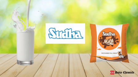 Glass of milk next to Sudha Dairy logo and a Sudha milk pouch, highlighting the new dairy plant in Bihar.