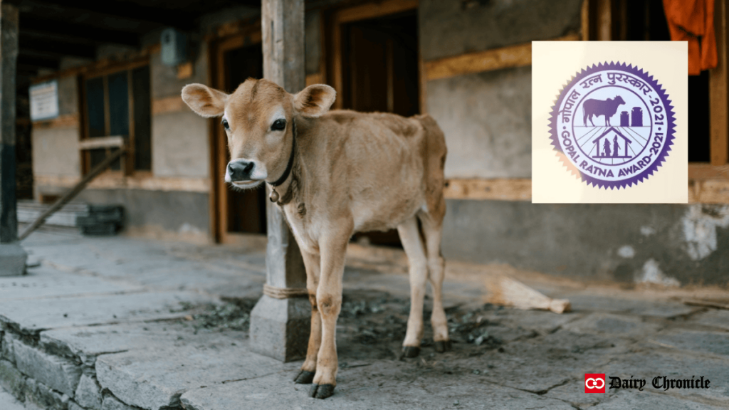 National Gopal Ratna Award 2024 announcement with a calf and logo, celebrating excellence in dairy farming