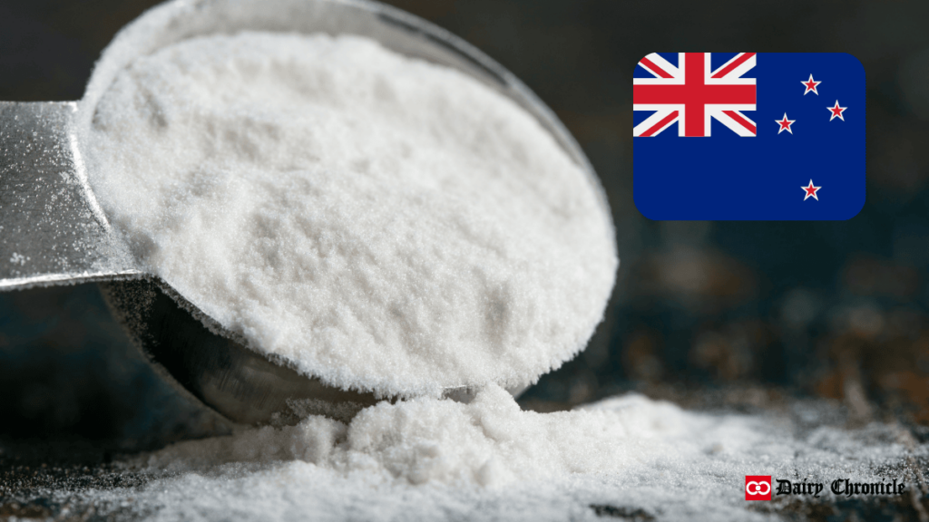 A spoonful of powdered formula next to the Australian flag, representing New Zealand's decision to opt out of a joint infant formula standard with Australia.