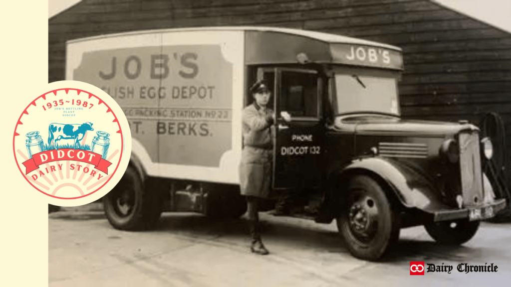 A vintage photo of a delivery van with its driver next to the "Didcot Dairy Story" exhibition logo, showcasing the history of Job's Dairy.