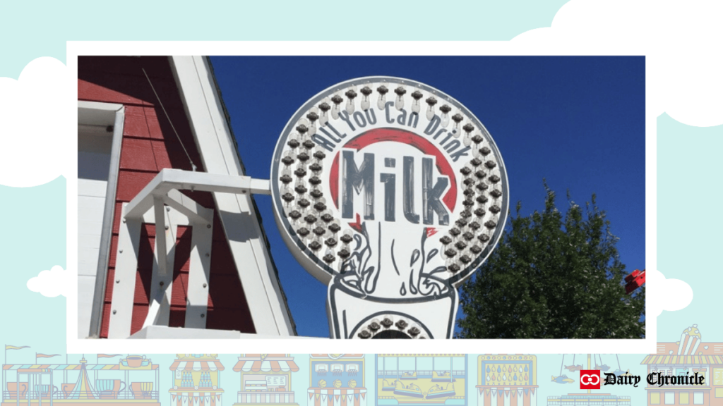 A signboard reading "All-You-Can-Drink Milk Stand" at the Minnesota State Fair.