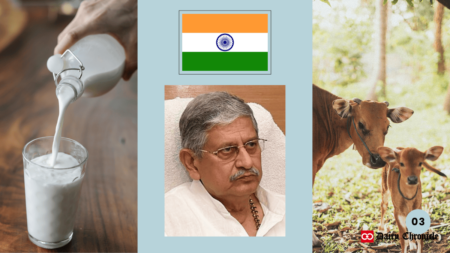 "Person pouring milk into a glass, Indian flag, Shri Rajiv Ranjan Singh, and a cow with her calf, symbolizing India's dairy sector growth