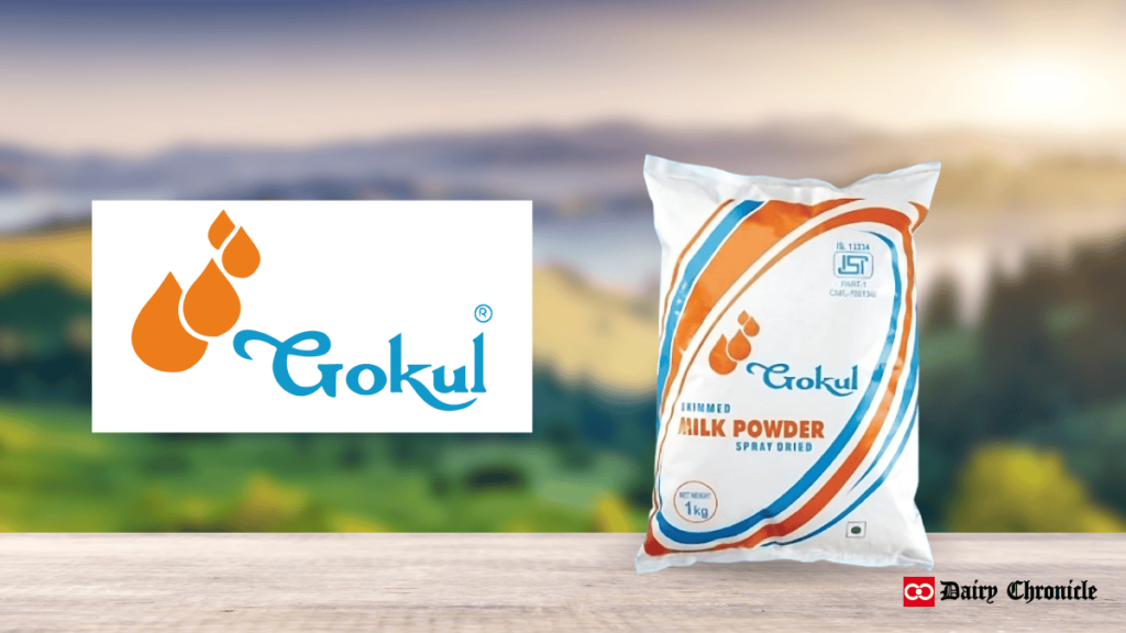 Gokul Dairy logo beside a milk powder bag