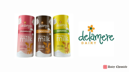 Delamere Dairy’s flavored milk packages in eco-friendly CartoCan packaging, alongside the Delamere Dairy logo.