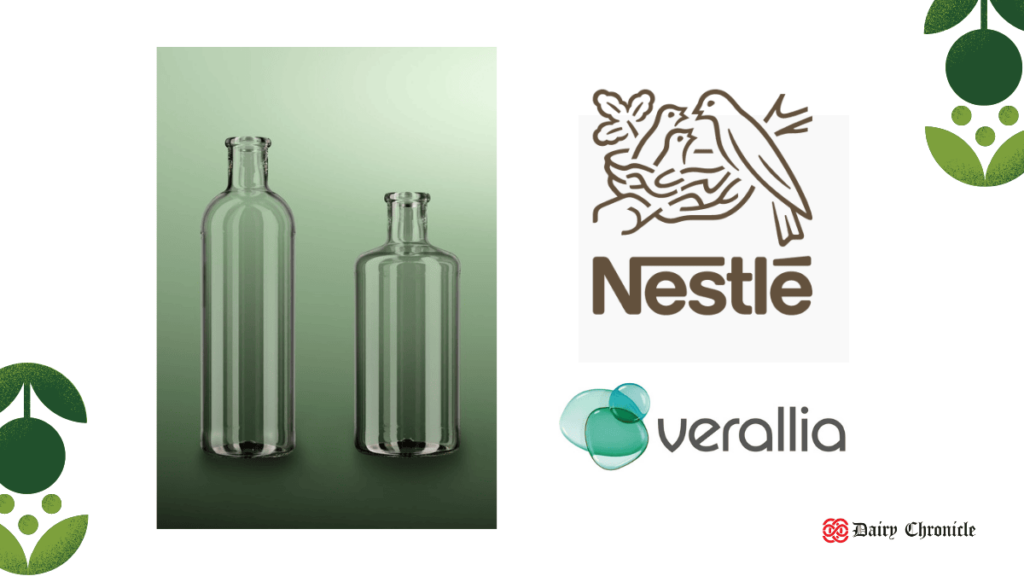 Two glass bottles with Nestlé and Verallia logos, showcasing Verallia’s ECOVA sustainable glass packaging range.