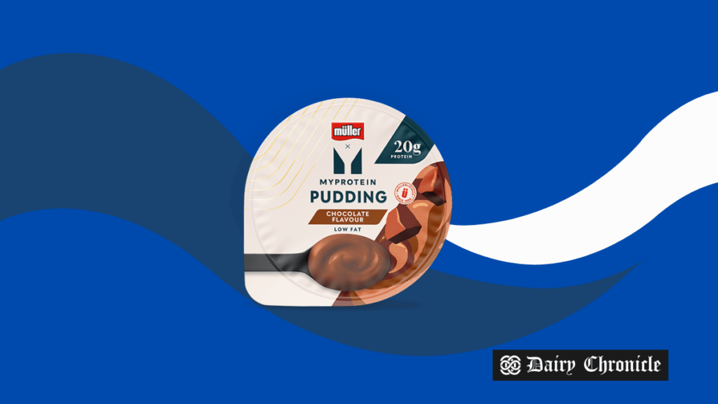 Müller and Myprotein chocolate-flavored pudding, representing their collaboration on high-protein yogurts and desserts.