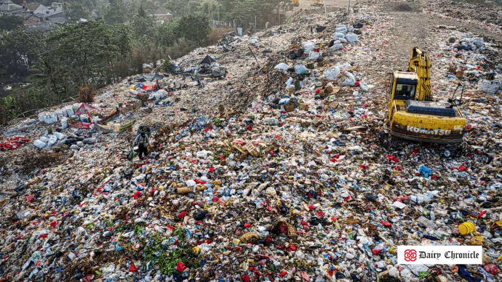 Polluted land with plastic waste and garbage, highlighting environmental concerns at Tajpur Dairies Complex in Ludhiana