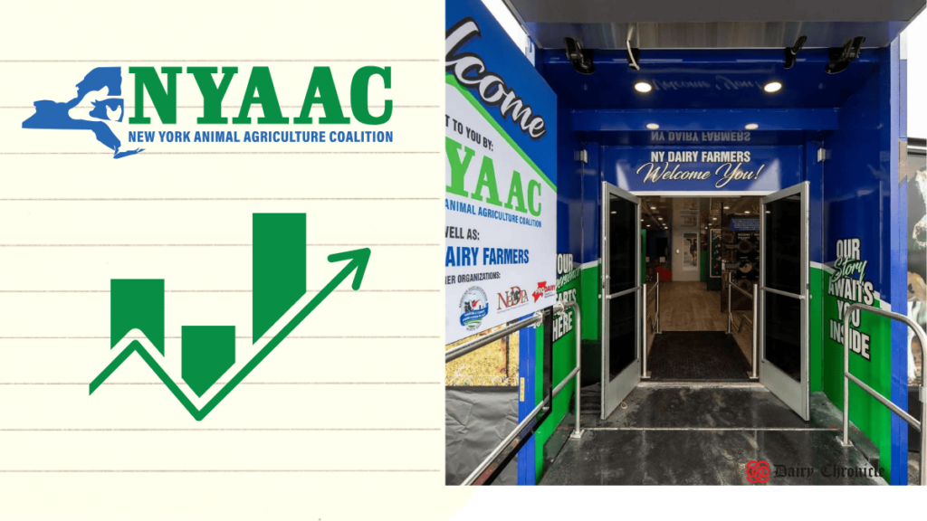 Logo of NYAAC alongside an image of the NYAAC office, highlighting the launch of a 1,000-square-foot mobile dairy truck at the New York State Fair.