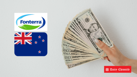 Fonterra logo with New Zealand flag and an image of USD in hand, highlighting a $150 million investment in a UHT cream plant.