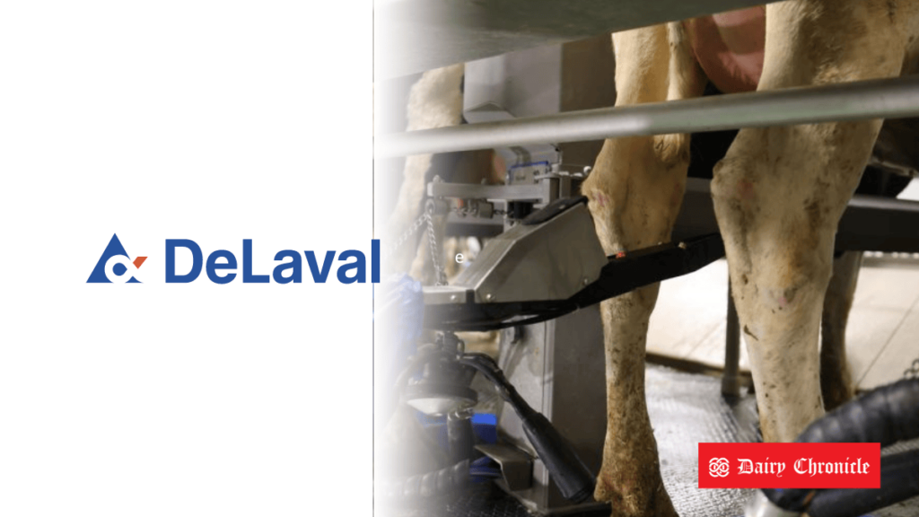 DeLaval's logo beside a robotic milking system in a barn, highlighting its award-winning teat spray robot