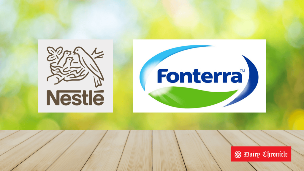 Logos of Nestlé and Fonterra, representing Nestlé’s additional payment initiative for Fonterra farmers meeting sustainability standards