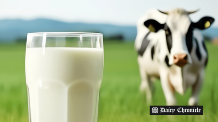 A cow standing in the field next to a glass of milk, representing sustainable dairy practices in the US.