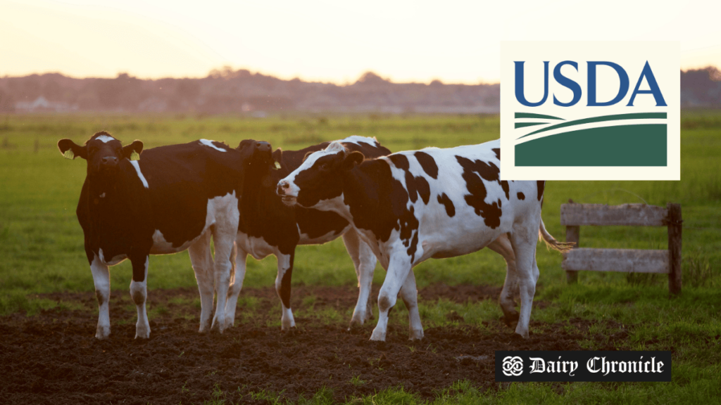 Herd of cows with the USDA logo, representing the $58 million Organic Dairy Marketing Assistance Program launched for 2024.