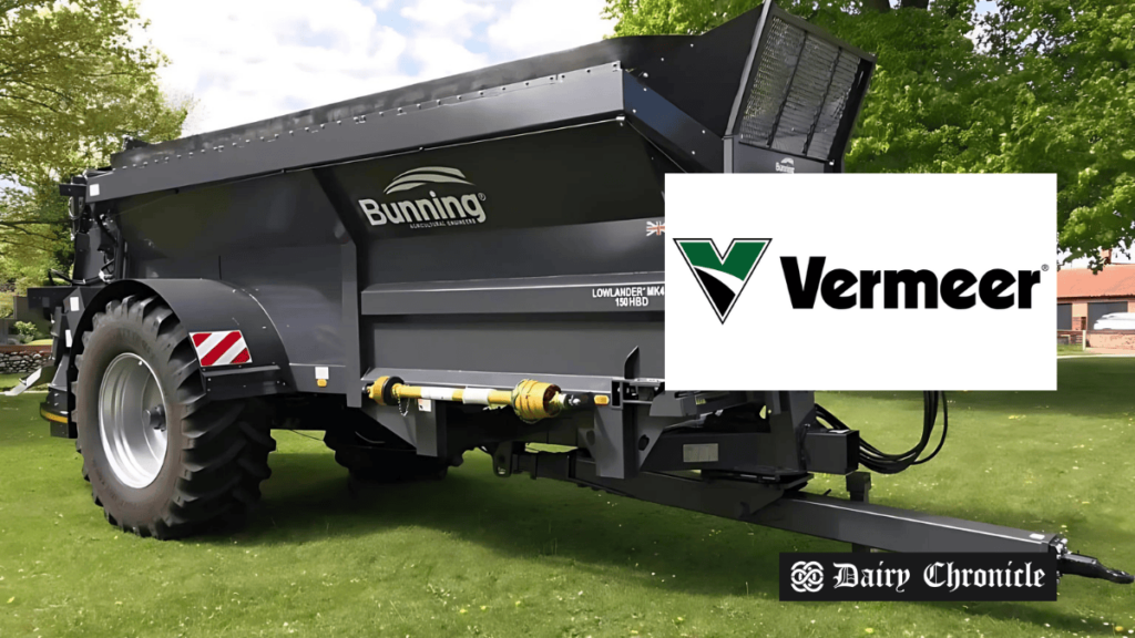 Vermeer and Bunning manure spreader with company logos, highlighting their new partnership in the UK.