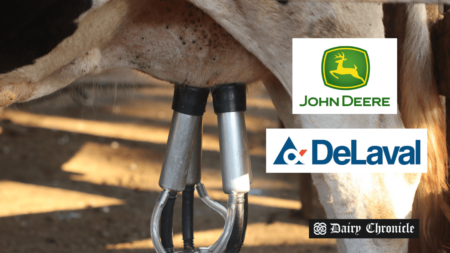 John Deere and DeLaval logos alongside a milking cow, marking the launch of the Milk Sustainability Center in the USA.