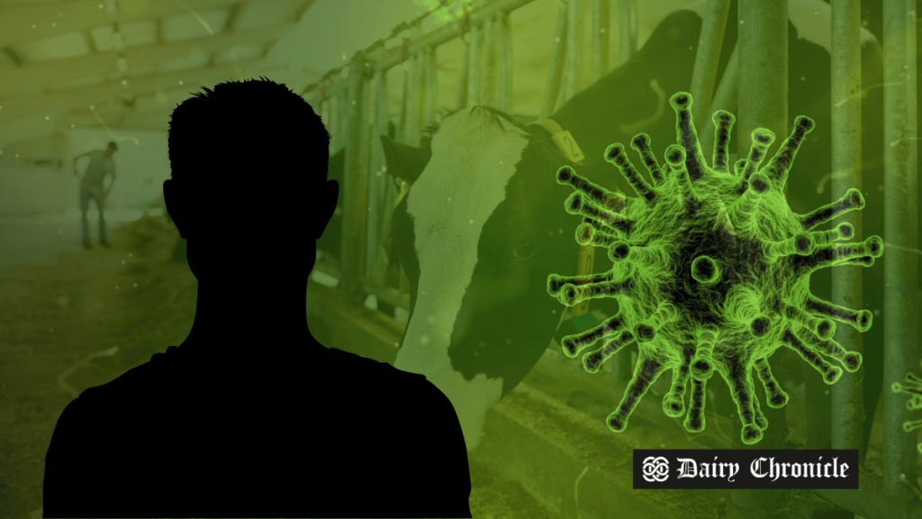 Image of a human silhouette alongside a virus structure, highlighting the recent bird flu cases in California dairy workers