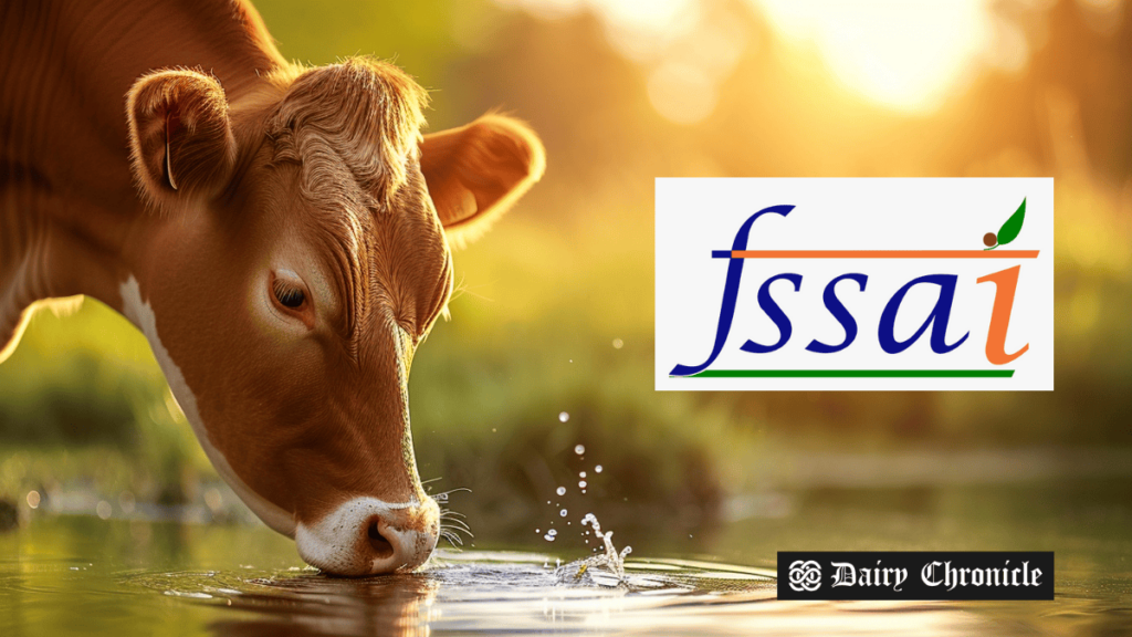 Cow drinking water with FSSAI logo, representing new milk production standards in India.