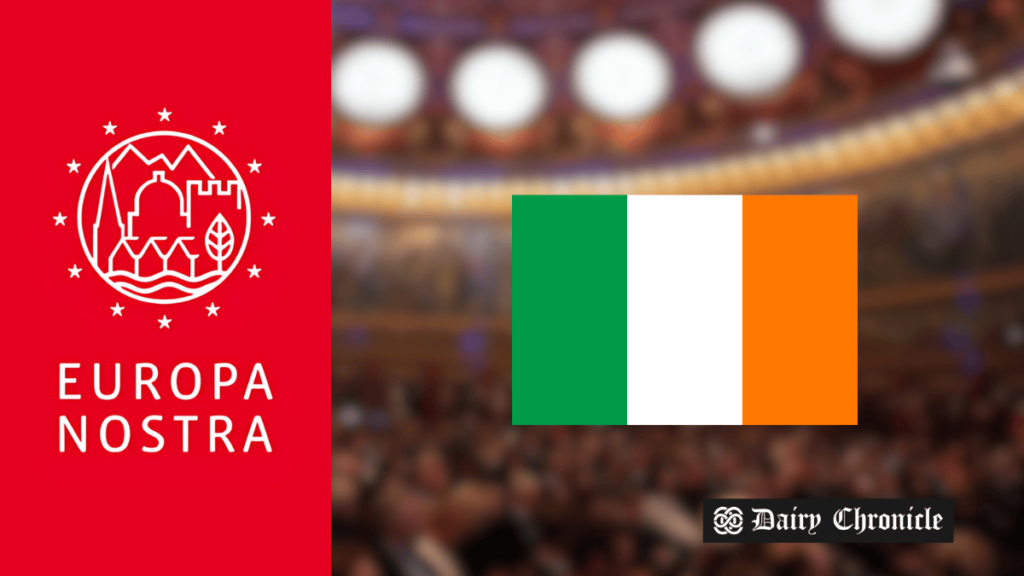 Europa Nostra Awards logo on the left and the Ireland flag on the right, representing Ireland's win of the EU Heritage Award for its Traditional Farm Buildings Scheme.