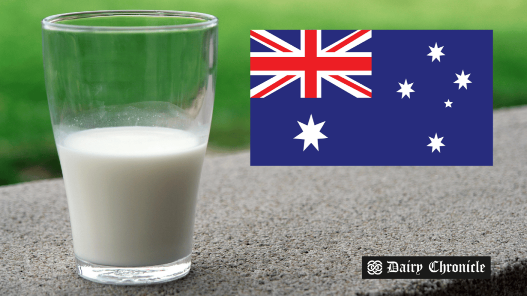 Australian flag and a glass of milk, symbolizing concerns over supermarket milk price cuts triggering a new 'milk war' in Australia.