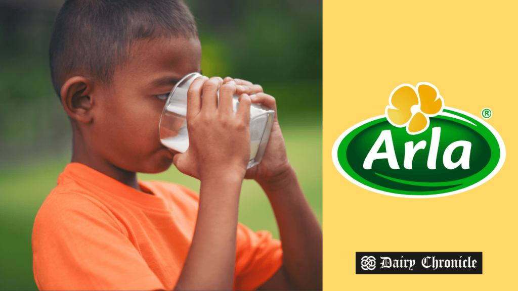 A child drinking milk with the Arla logo beside, symbolizing Arla's partnership with charities in Wales to improve access to fresh dairy for those in need.