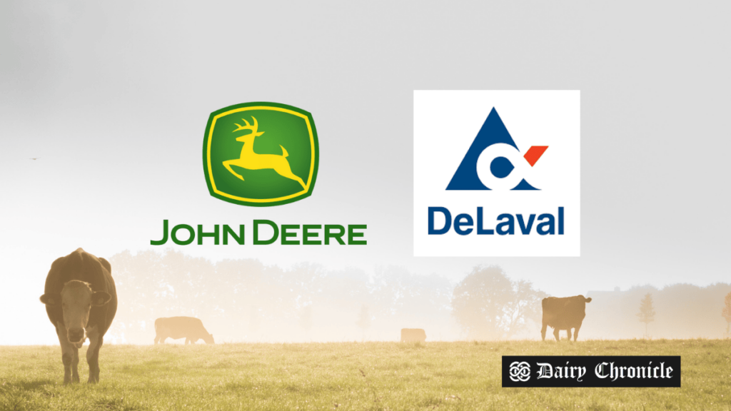 Cows on a field with Deere and DeLaval logos in the front, highlighting the launch of the Dairy Sustainability Tool in the U.S. and Europe.