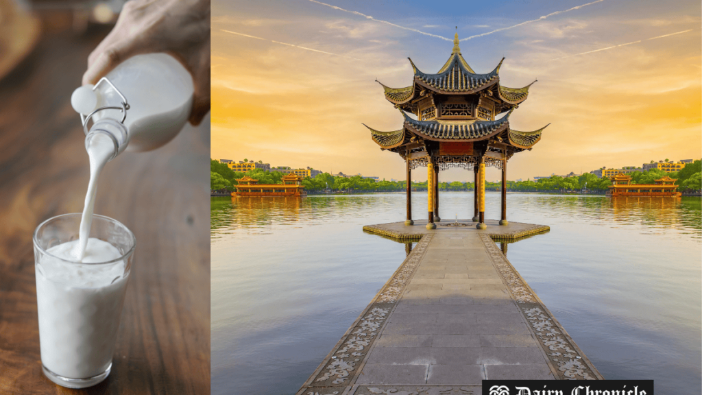 Milk bottle with a Chinese structure in the background, representing China's ongoing dairy crisis and plummeting raw milk prices.