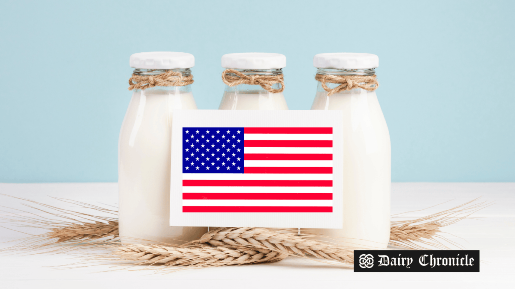 Dairy glass bottles with the USA flag in the front, promoting the Dairy Processing & Packaging Grant in the USA.