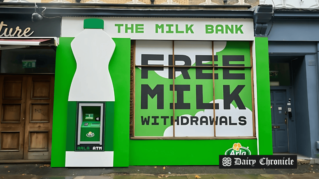 Arla milk ATM, symbolizing Arla’s initiative to supply UK food banks with fridges filled with dairy products.