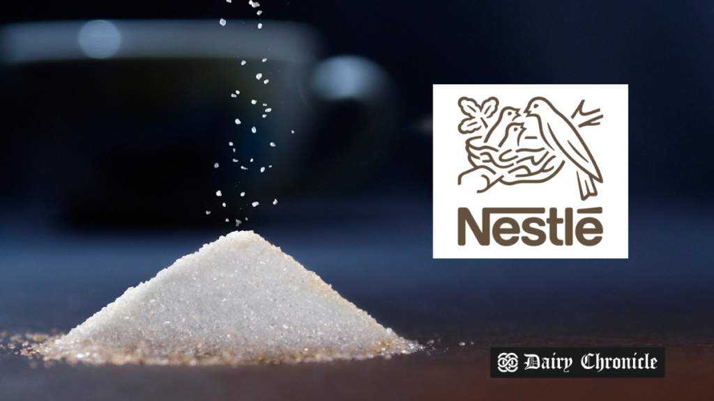 Refined sugar alongside the Nestlé logo, representing the launch of Nestlé India's Cerelac variants without refined sugar