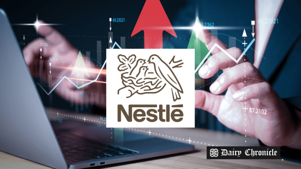 Nestlé logo in the forefront with a sales report in the background, reflecting the company's revised sales outlook amid market challenges.